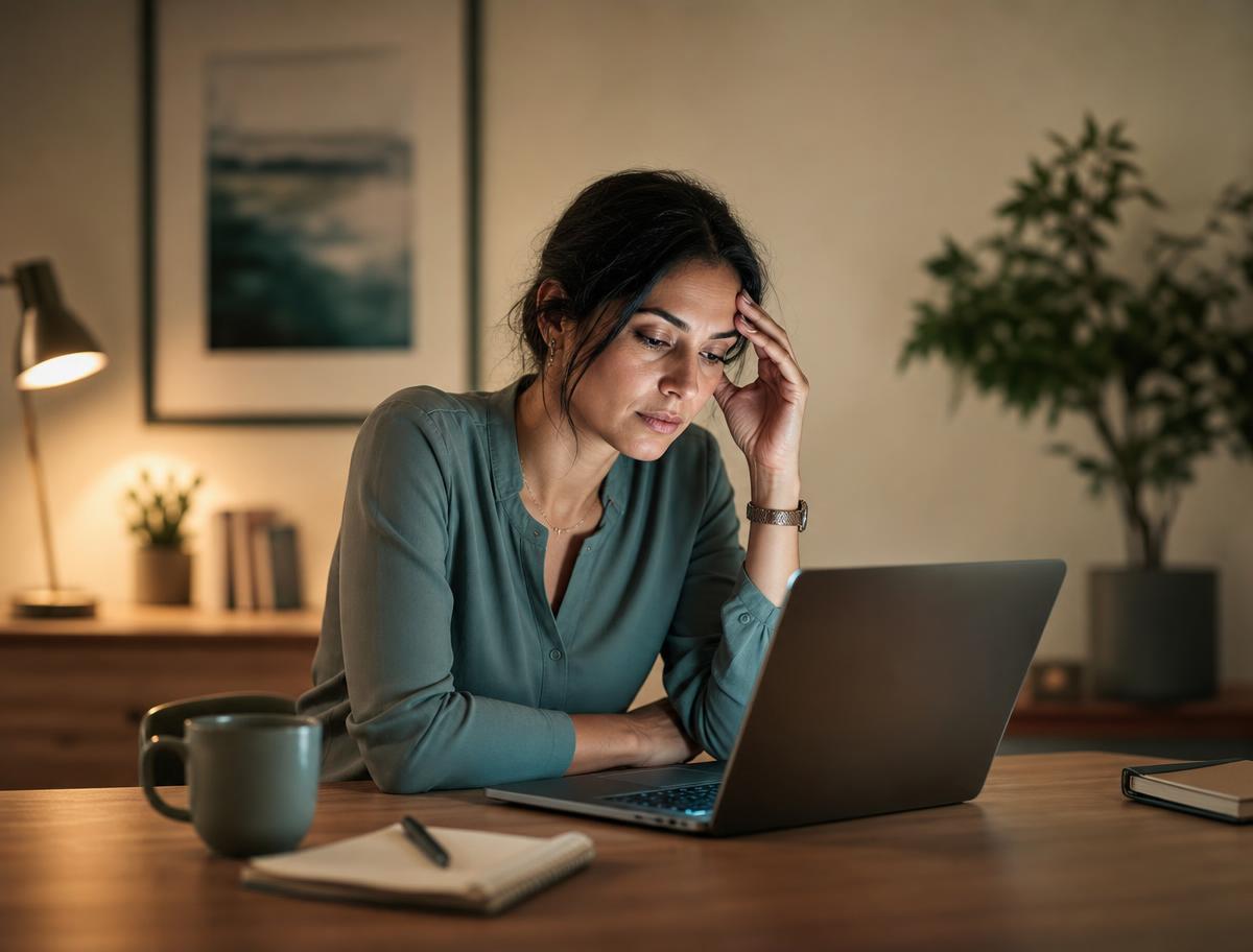 Professionele vrouw in haar late dertiger die vermoeid achter een laptop zit, symbool voor lekkende energie en mind-body disbalans